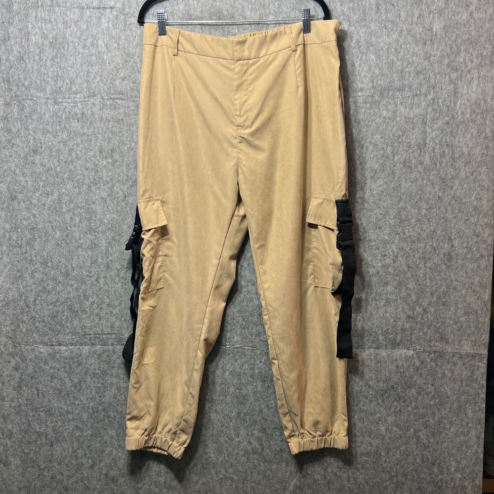 Cargo Pants Elastic Waist Buckle Detail Casual Trousers Beige Size 16